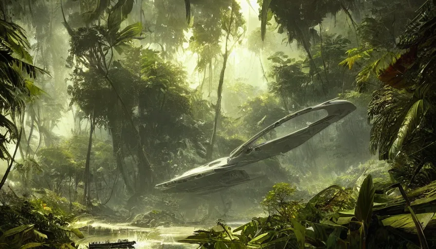 Prompt: a beautiful painting of a crashed battlestar galactica a lush jungle, ray traced lighting by kalin popov and greg rutkowski