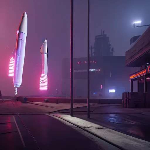 Prompt: blade runner 2 0 4 9 city architecture, spacex starship rocket launch, environmental lighting, ray tracing, highly detailed, editorial, dslr, 2 4 mm, octane render, unreal engine 5, artstation, 4 k