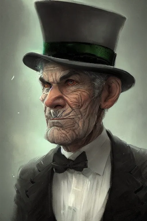 Image similar to a grey hair old halfling with no beard and green eyes wearing a black top hat and suit by Greg Rutkowski, painting, portrait, HD, high details, trending on artstation