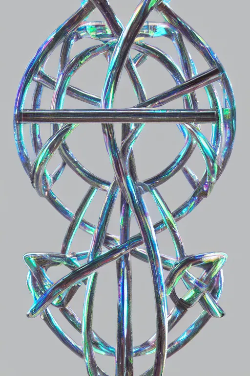 Prompt: geometric metal monument sculpture of a gaelic knot with glass elements refracting rainbows into iridescent patterns, majestic female form in the center of the knot, chest open, style of jack storms, octane render, artstation