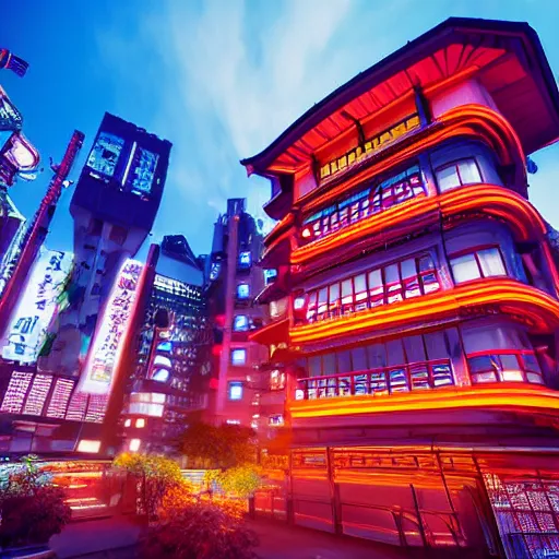 Image similar to Neo Tokyo, main building, sunset