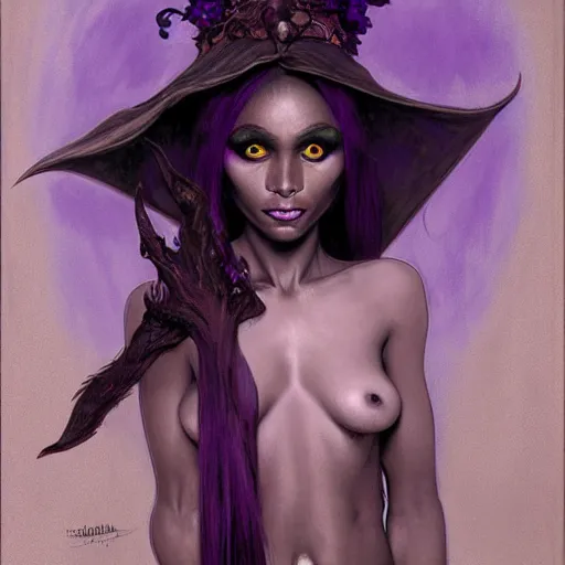 Image similar to half length portrait of a beautiful female drow elf warlock, black skin, violet magic, royo, klimt, miro, vallejo, frazetta, alphonse mucha, greg rutkowski, whealan