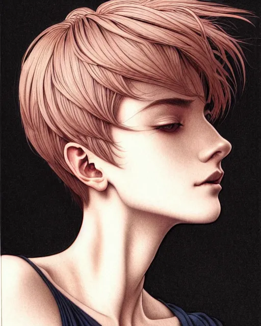 Prompt: ' bored woman with short hair ', closeup shot of face, beautiful shadowing, soft shadowing, reflective surfaces, illustrated completely, 8 k beautifully detailed pencil illustration, extremely hyper - detailed pencil illustration, intricate, epic composition, masterpiece, bold complimentary colors. stunning masterfully illustrated by artgerm, range murata, alphonse mucha, katsuhiro otomo.