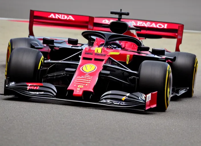 Image similar to live action photo of the 2 0 2 1 f 1 ferrari car, with clown themed livery, 8 k, hdr, sports photography