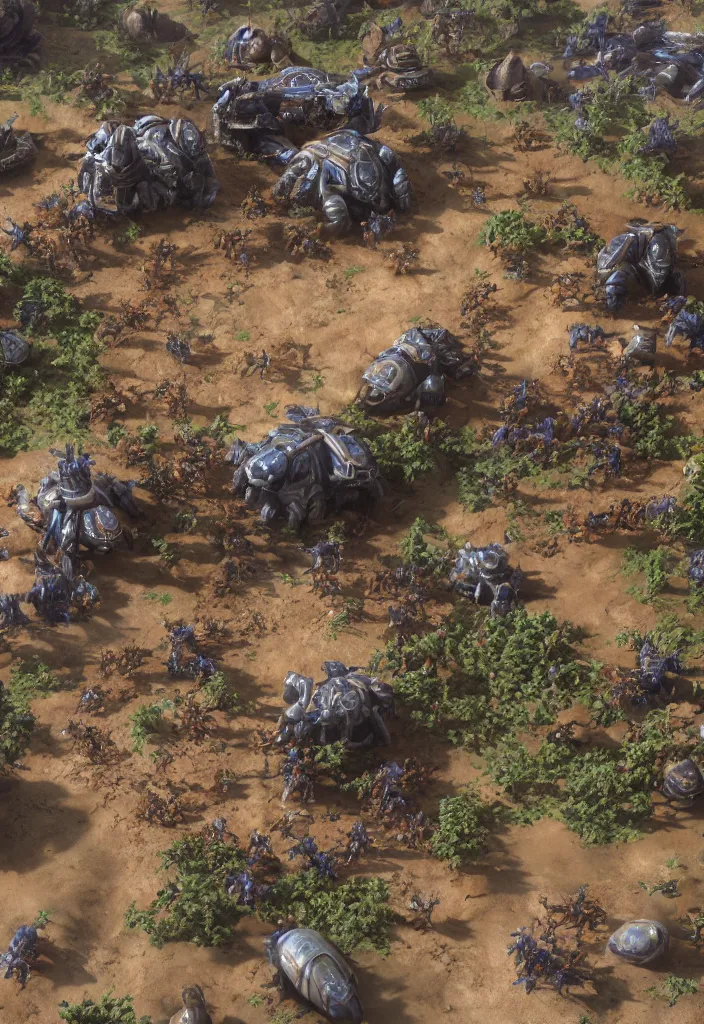 Prompt: zerg base with units zerglings ultralisk roach, giga tank, marines, rts units, mech titan units, desert planet, realistic, soft natural volumetric lighting, beautifully detailed 4 k octane render, 4 k post processing 8 k, starcraft 2