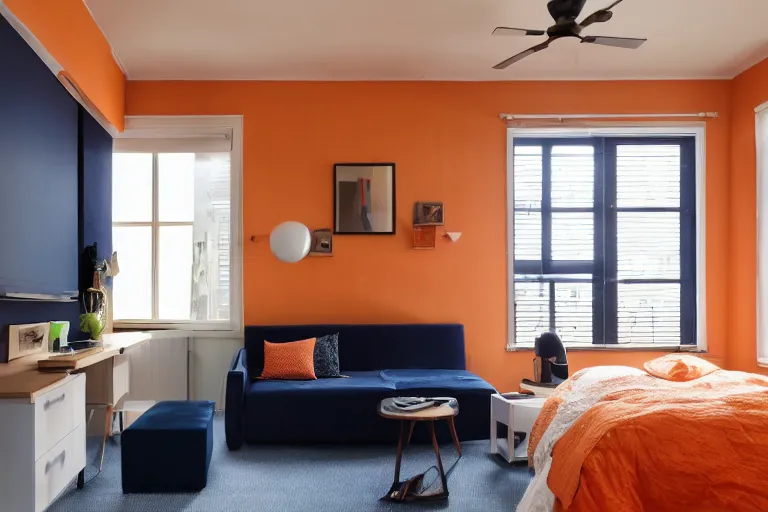 Image similar to an apartment with a small bed, big desk, two wooden wardrobes, a little wodden side table, a window, desk fan, table light, and an old TV, navy blue carpet, and a ceiling fan gives off a dim orange light