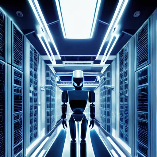 Image similar to hyperrealism stock photo of highly detailed stylish robot in futuristic sci - fi style by vincent di fate in the detailed data center by laurie greasley and mike winkelmann