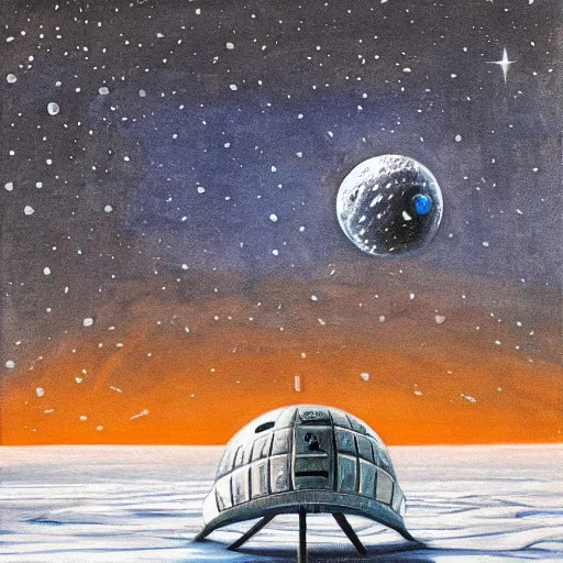 Image similar to very detailed painting of a science fiction spaceship landing on an ice-covered moon, night, space, stars, Milky way