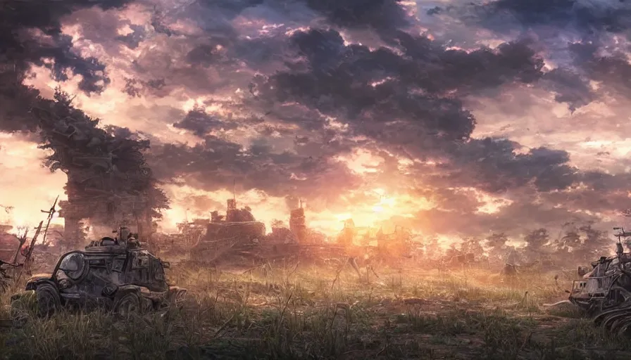 Prompt: the beautiful, dreamy, wistful view of a battlefield after war filled with death at dusk. hyperrealistic anime background illustration by kim jung gi, colorful, extremely detailed intricate linework, smooth, super sharp focus, bright colors, high contrast, matte, octopath traveler, unreal engine 5 highly rendered, global illumination, radiant light