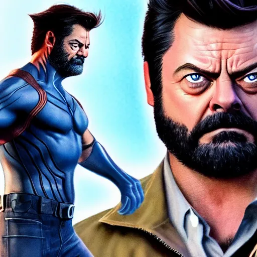 Image similar to logan wolverine pictured as nick offerman in x - men suit, imdb, marvel movie still, detailed 8 k, poster style, deviantart and artstation top picks