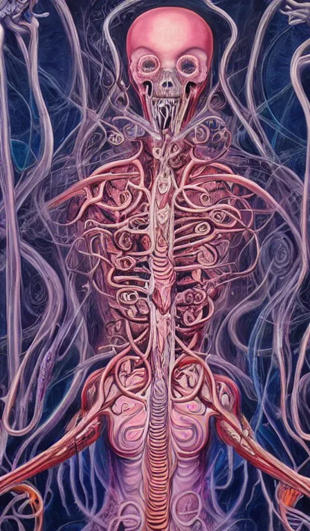 Image similar to a biomorphic painting of the high priestess tarot card, a anatomical medical illustration by nychos and alex grey, cgsociety, neo - figurative, pastel blues and pinks, detailed painting, rococo, oil on canvas, lovecraftian