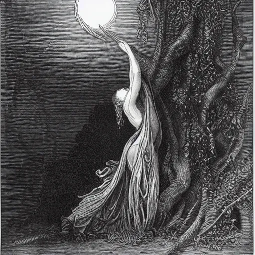 Prompt: evil flower, black and white engravement, full moon, gustave dore, weeping willows