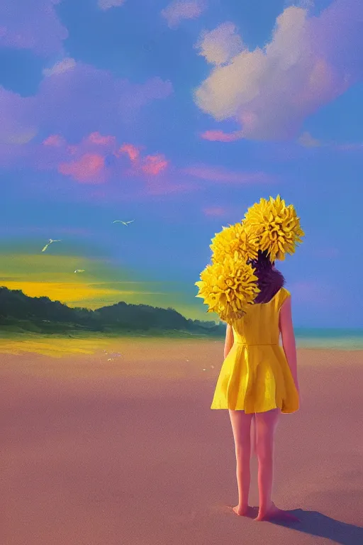 Image similar to closeup girl with huge yellow dahlia flower as a head, on beach, surreal photography, blue sky, sunrise, dramatic light, impressionist painting, digital painting, artstation, simon stalenhag