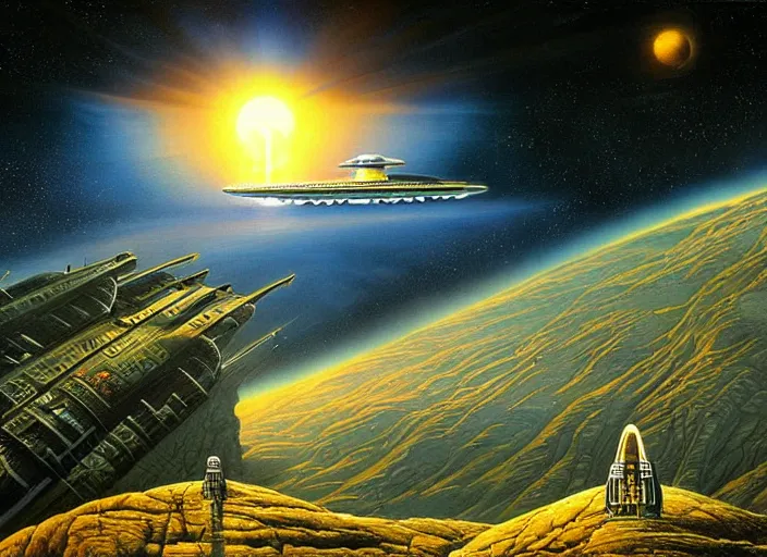 Prompt: a spaceship in a stunning landscape by david a hardy