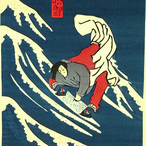 Prompt: man snowboarding woodblock print, style of hokusai, fine art, style of kanagawa, painting