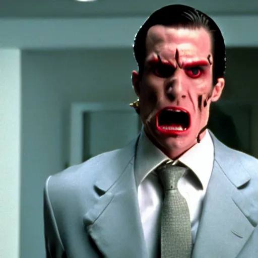 Image similar to a still of a Draconian in the American Psycho (2000), doing the Bateman stare, cinematic still, 4K Bluray