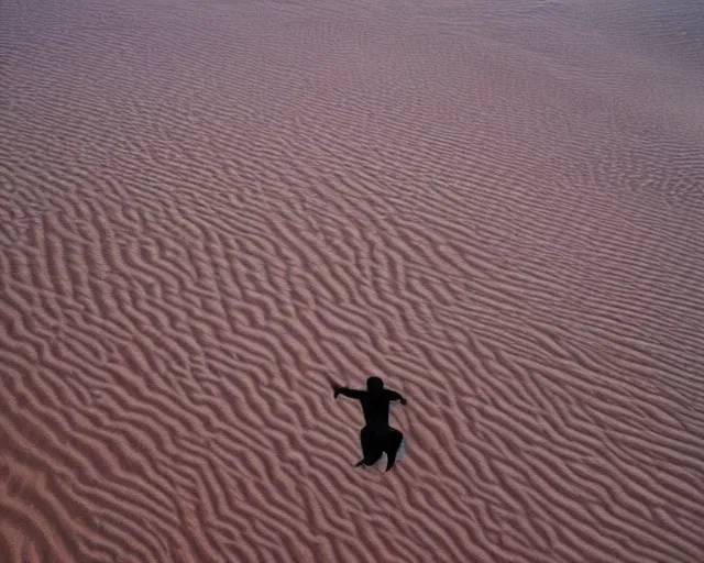 Prompt: a brown man floating on a magical carpet ride over the arabic desert.