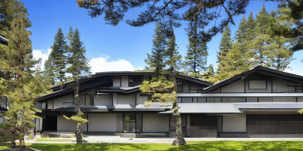 Image similar to large modern residence, pacific northwest japanese style, flared japanese black tile roof, many windows, elegant