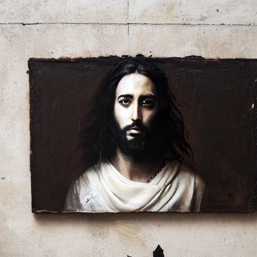 Image similar to a portrait of jesus wearing jerry lorenzo streetwear by nicola samori, oil painting, realistic, 8 k, fear of god style