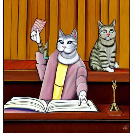 Image similar to Divine cat making a speech in the courtroom in front of the jury-anthropomorphic cats. Painting by Michele Angelo.