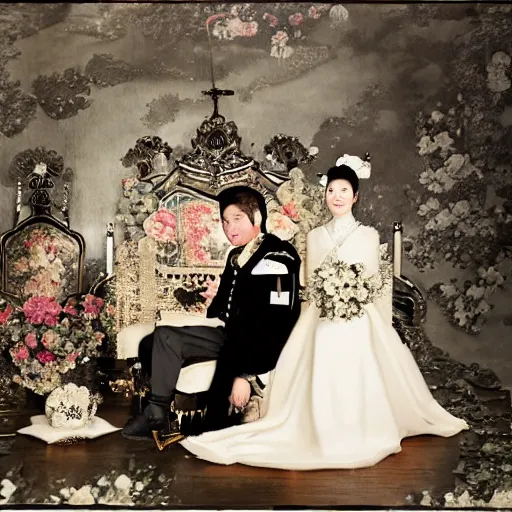 Prompt: A wide full shot, colored black and white Russian and Japanese mix historical fantasy a photograph portrait taken of inside the royal wedding floral covered venue inspired by fairytales, photographic portrait, warm lighting, 1907 photo from the official wedding photographer for the royal wedding.