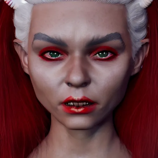 Image similar to a highly detailed portrait of a humanoid demon girl with white hair, red horns, in white clothes, artstation, deviantart, professional, unreal engine 5, photorealistic