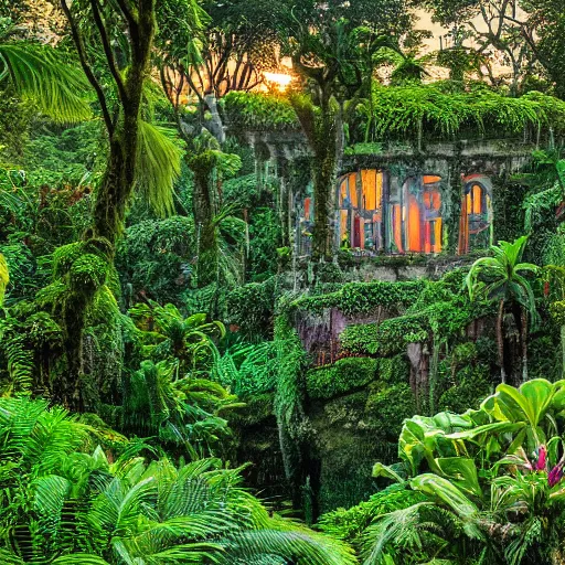 Prompt: a jungle giant mansion surrounded by moss and tropical flowers, with a sunset, by alex horley, bokeh photography