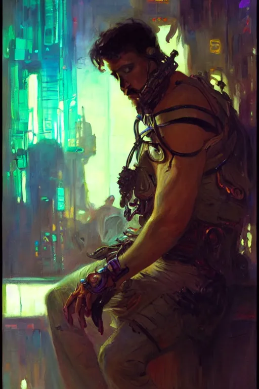 Image similar to attractive man, cyberpunk, cool colors, painting by gaston bussiere, craig mullins, greg rutkowski, alphonse mucha