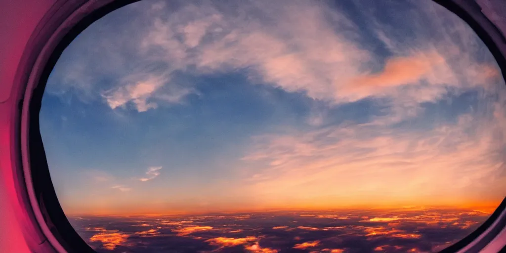 Image similar to wide angle photo looking out the window of a space capsule, liminal, cinematic, dreamscape, cinematics lighting, sunset colors, flying in the air, city in background