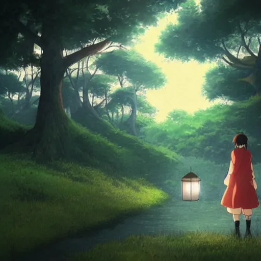 Image similar to anime, incredible wide screenshot, ultrawide, realist proportions, paper texture, intricate, very detailed, studio ghibli movie scene, girl in a dress, beautiful forest village, lanterns, wood bridge, huts, night!!, fireflies!!, fog