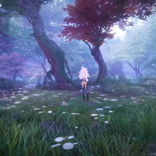 Prompt: Walking through a magical forest filled with fairies, Tales of Arise styled, pixar and disney, studio ghibli sharp , rendered in unreal engine, anime, dramatic, volumetric lighting