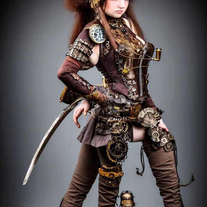 Prompt: full length photograph of a beautiful steampunk warrior. extremely detailed. dslr. 5 0 mm.