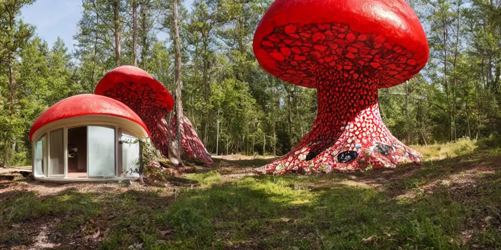 Image similar to cozy residence made from an enormous amantia muscaria toadstool