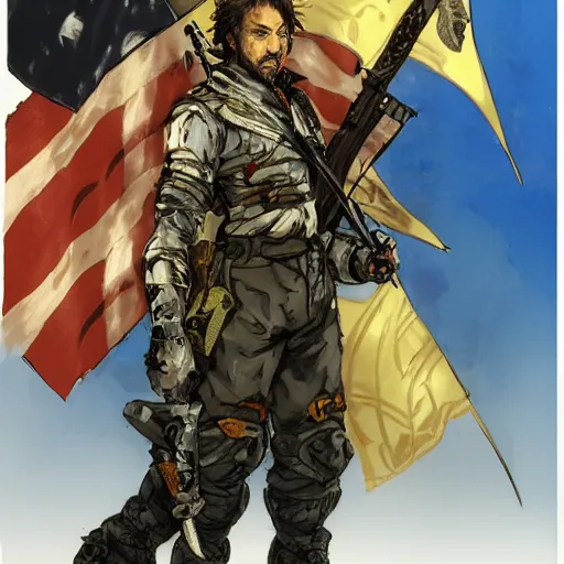 Prompt: portrait of a hero holding his sword in front of his face by yoji shinkawa, high quality, extra details, realism, ornate, colored, golden chain, blood, white skin, short hair, brown eyes, vivid, sunlight, dynamic, american man, freedom, white american soldier, spray pain style