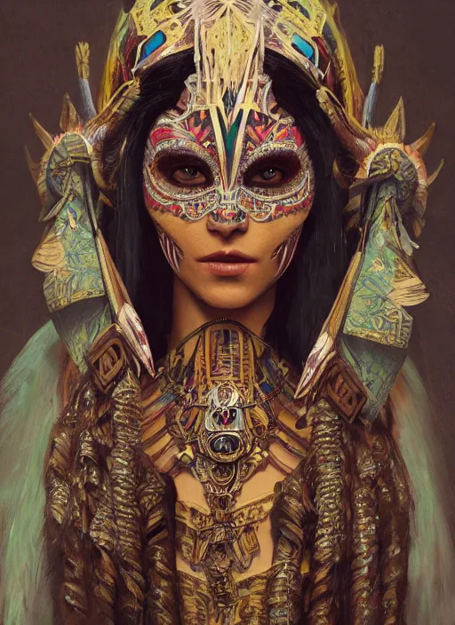 Image similar to a Photorealistic dramatic fantasy render of a beautiful woman wearing a beautiful intricately detailed Aztec Insect shaman mask and costume by WLOP,Artgerm,Greg Rutkowski,Alphonse Mucha, Beautiful dynamic dramatic dark moody lighting,shadows,cinematic atmosphere,Artstation,concept design art,Octane render,8K