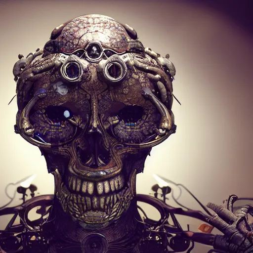 Prompt: many eyed deity artifact with circuitry structure skull and neural network mind, intricate detail, royo, whealan, giger, hd, 8 k, octane render, unreal engine,