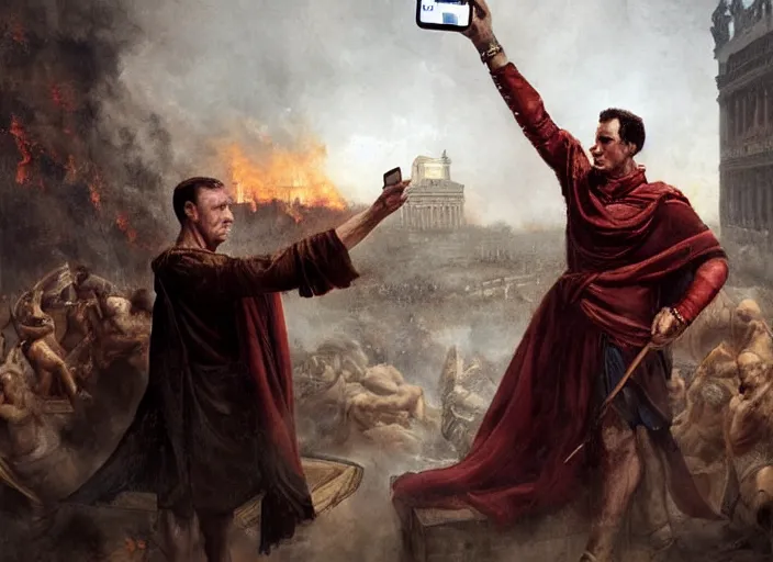 Prompt: julius caesar taking a selfie with an iphone as rome burns behind him by wlop and raymond swanland