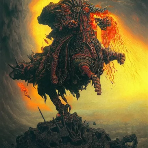 Image similar to epic wizard riding a robot horse through the gates of hell, shooting fire and flames out of his hands, beksinski style highly detailed art