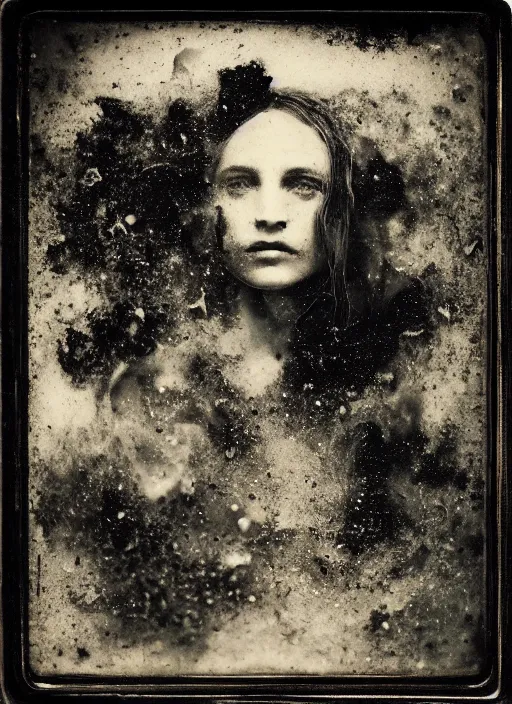 Image similar to old wetplate daguerreotype portrait explosion of data fragments, fractal, intricate, elegant, highly detailed, parallax, leica, medium format, subsurface scattering, by jheronimus bosch and greg rutkowski and louis jacques mande daguerre