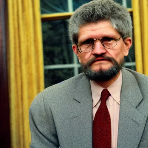 Image similar to a photograph of President ted kaczynski wearing a suit in the oval office