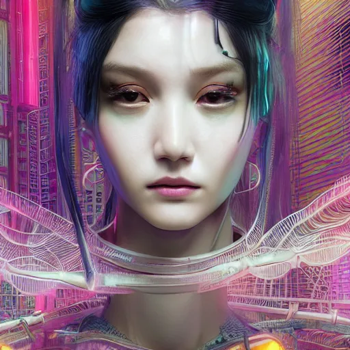 Prompt: the portrait of an absurdly beautiful, graceful, sophisticated, fashionable cyberpunk gravure idol, an ultrafine hyperdetailed illustration by kim jung gi, irakli nadar, hanna moon, leslie zhang intricate linework, bright colors, collage, porcelain skin, unreal engine 5 highly rendered, cgsociety, global illumination, radiant light, detailed and intricate environment