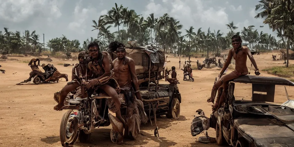 Image similar to sri lankan mad max style, playing bongo drum, on top of a truck, film still, epic shot cinematography, rule of thirds