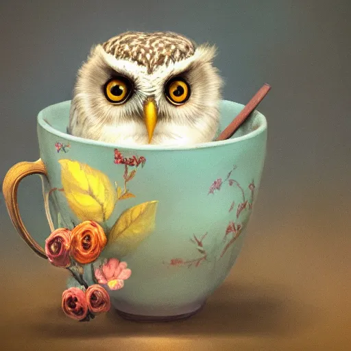 Image similar to long shot of a very cute young owl sleeping in a tea cup, by esao andrews, by james jean, marc simonetti, humorous illustration, hyperrealistic, big depth of field, fresh colors, dim light, 3 d octane render conceptart, 4 k, hyperdetailed, trending on artstation