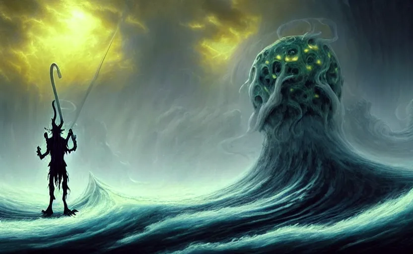 Image similar to beautiful digital fantasy illustration of a demon holding a staff!!, hellish background, a giant wave in the sky, apocalypse art!!!!, apocalypse landscape!!!!!, lovecraftian!!, cosmic horror!!!, concept art by Jarosław Jaśnikowski, a detailed matte painting by Dan Luvisi, cgsociety, fantasy art, highly detailed, soft lighting, rendered in octane, masterpiece, very very very aesthetic