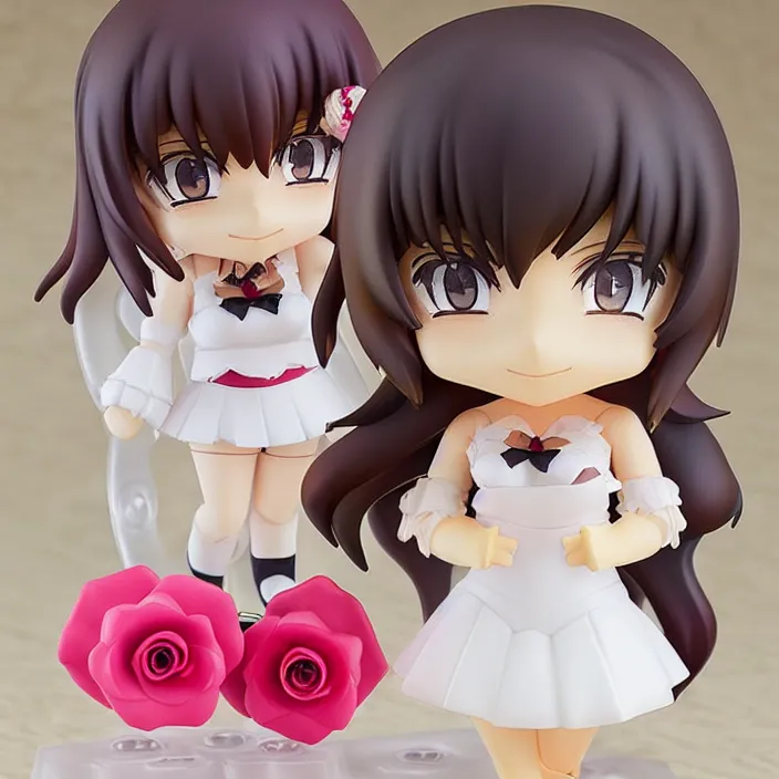 Image similar to an anime nendoroid of a lovely whiht - hair girl wearing roses, figurine, detailed product photo