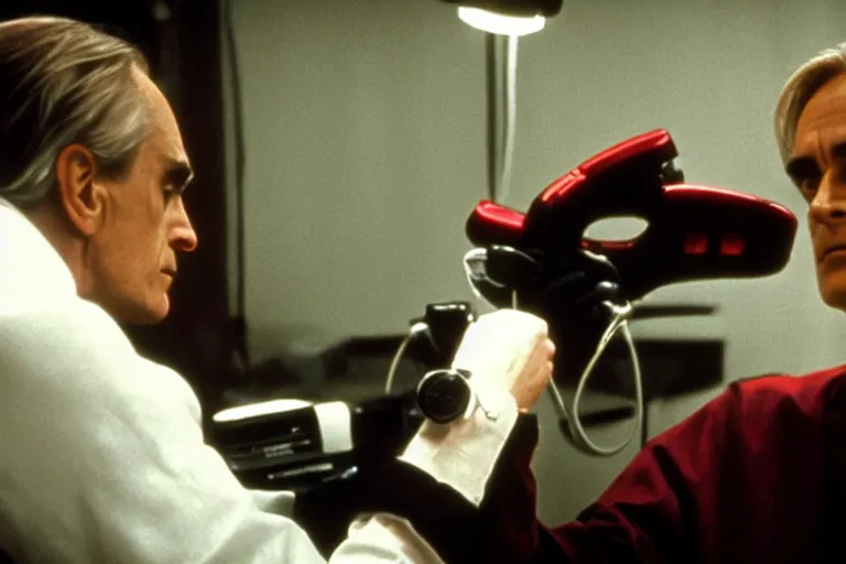 Image similar to a scene from the movie dead ringers with jeremy irons, dark cinematic lighting, heavy black and red color contrast, medical equipment, movie directed by wes craven