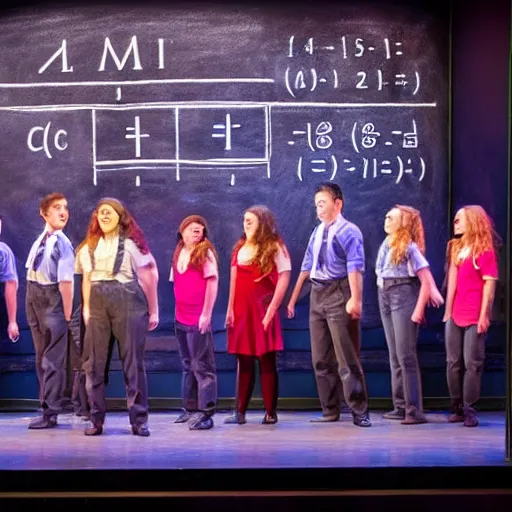 Prompt: mathematics the musical on broadway, cast, classroom chalkboard, promotional photo, stage lighting