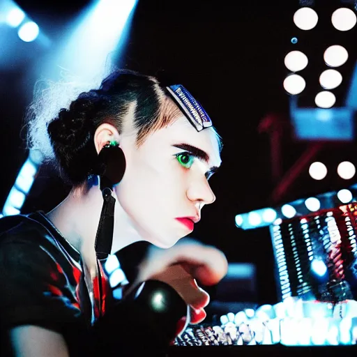 Prompt: A portrait of Grimes on stage DJing, neon lights in the background, volumetric lighting, 35mm photography