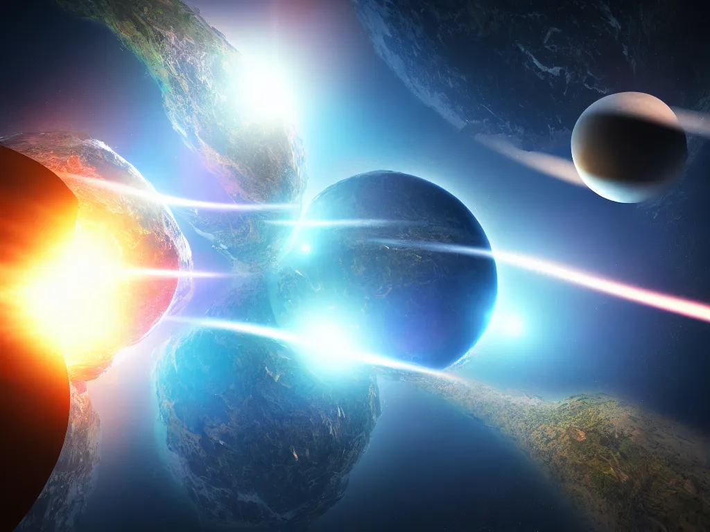 Image similar to two planets earth colliding with each other, artstation, volumetric light, high detail, reflections, perfect, concept art, hdr, 4 k