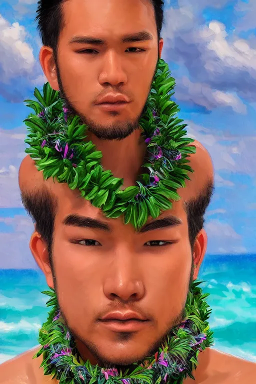 Image similar to handsome hawaiian male wearing a lei, ocean - like backsplash, trending on artstation, self - portrait!!!!!, 4 k photorealism, cgsociety contest winner, 4 k quality, intricately defined, complexly detailed, luminous radiant lighting, chill, hawaiian atmosphere